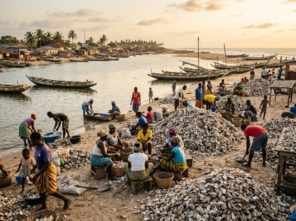 Oyster shell harvesting and sorting in Ada-Kasseh, Ghana