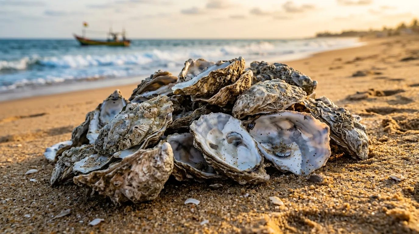 Raw oyster shells along the coast of Ada-Kasseh, Ghana