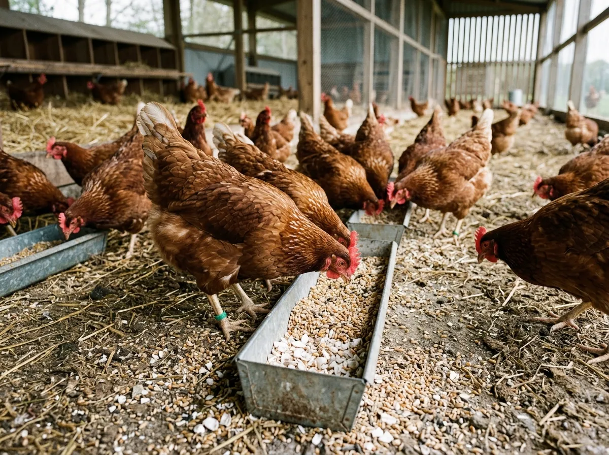 Coarse oyster shell grit in poultry feed trough
