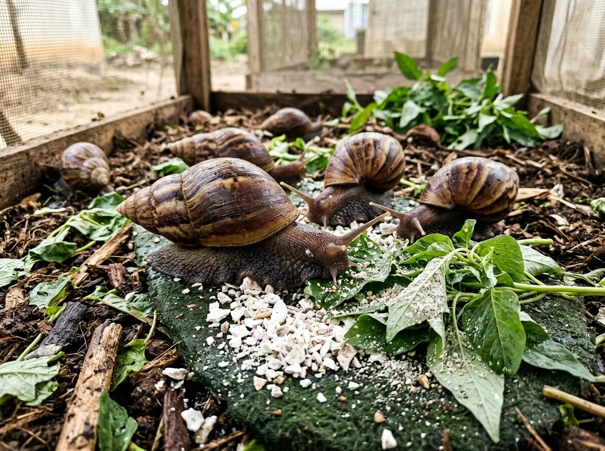 African giant snails feeding on oyster shell calcium in farming pen